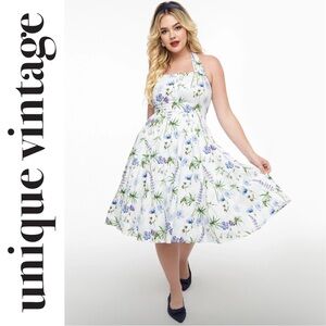 Unique Vintage 1950s White & Purple Floral Cotton Halter Swing Dress, NEW!